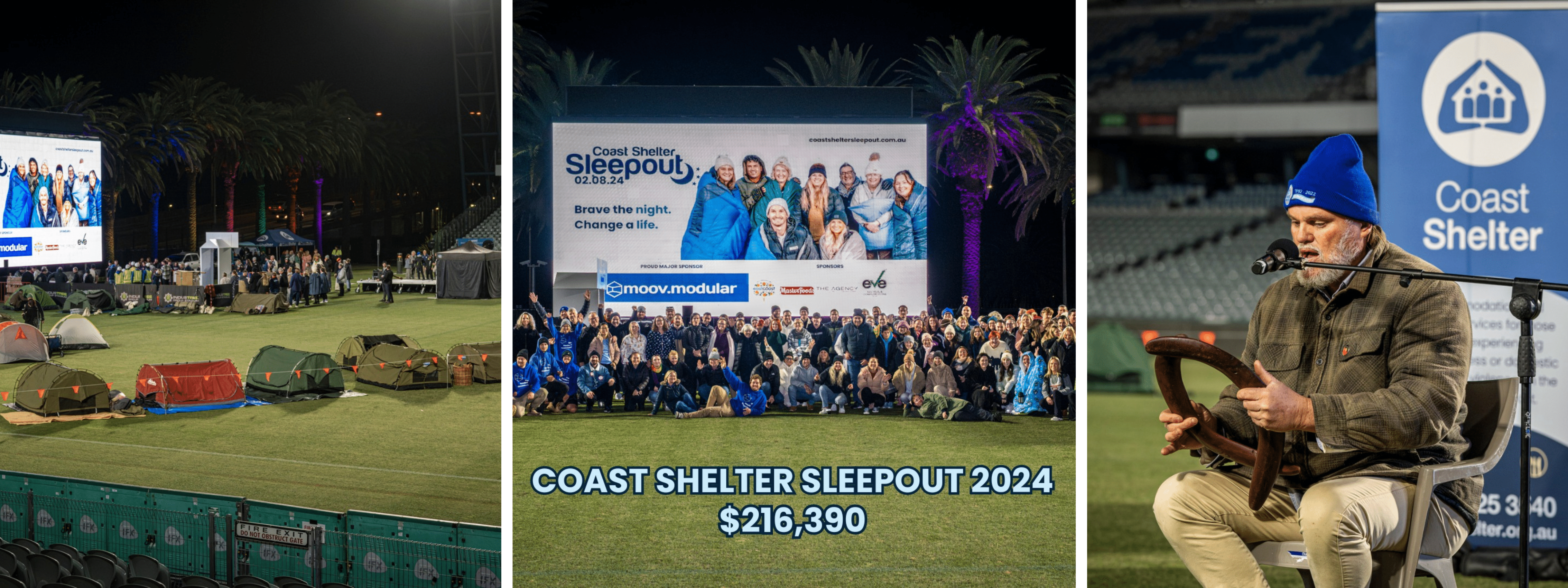 Event participants outdoors at night during the 2024 Coast Shelter Sleepout event