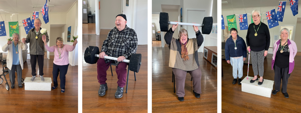 Three photos of Aged Care clients participating in Olympic events