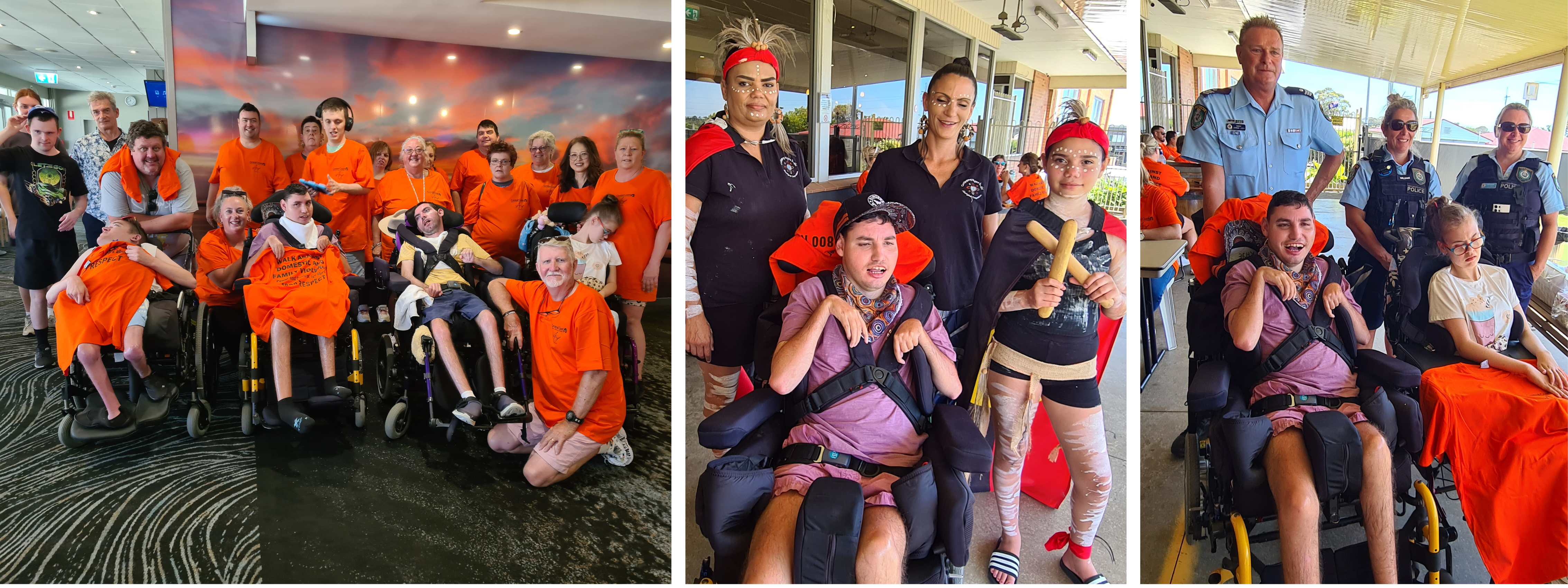 Three photos of our clients wearing orange t-shirts and posing for photos with other attendees